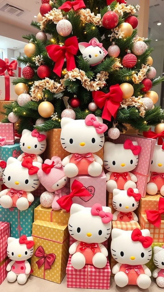 Hello Kitty Christmas Gift Ideas A collection of Hello Kitty Christmas gifts under a decorated tree.